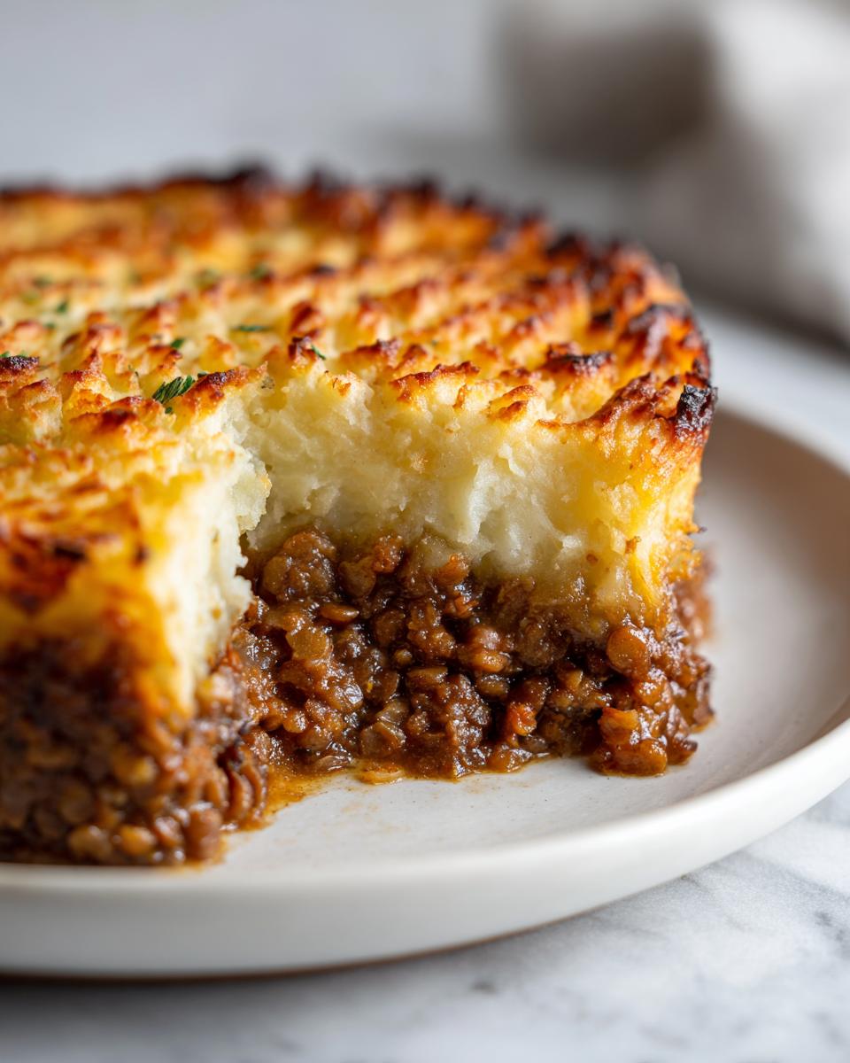 Close-up of a slice of Vegan Lentil Shepherd Pie showing the rich lentil base and fluffy, browned mashed potato topping.