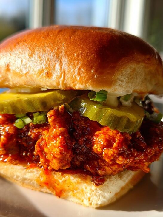 A close-up of a Vegan Nashville Hot Chicken Sandwich featuring a spicy patty, pickles, and a brioche bun.
