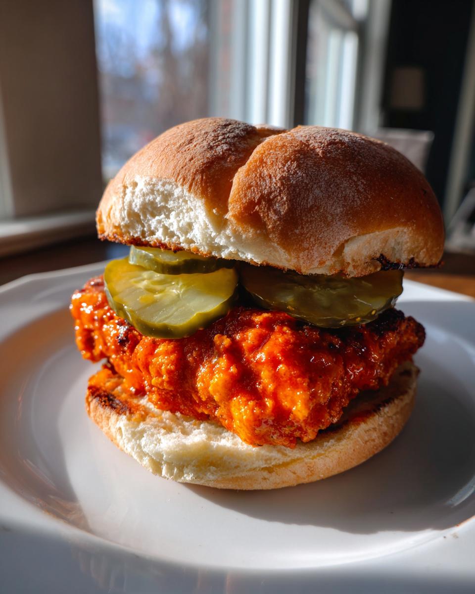 A close-up of a Vegan Nashville Hot Chicken Sandwich featuring a bright red, spicy patty, pickles, and a soft bun.