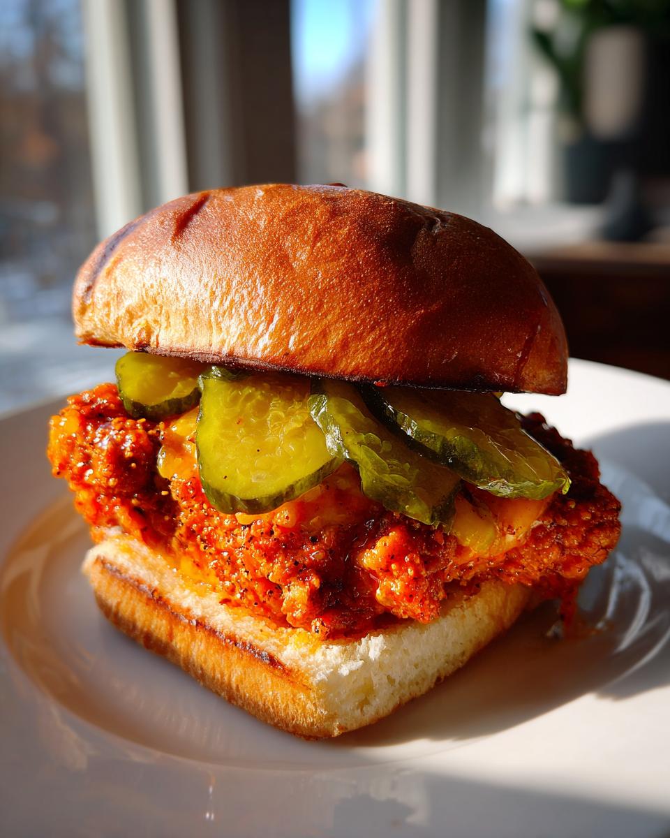 Close-up of a Vegan Nashville Hot Chicken Sandwich featuring a spicy patty, pickles, and a brioche bun.