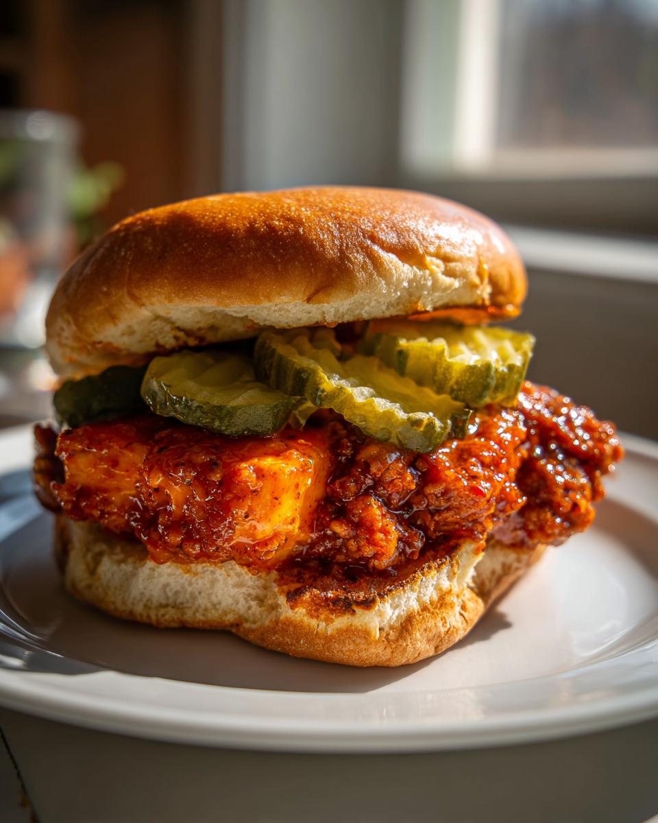 Close-up of a Vegan Nashville Hot Chicken Sandwich featuring a spicy patty, pickles, and a brioche bun on a white plate.