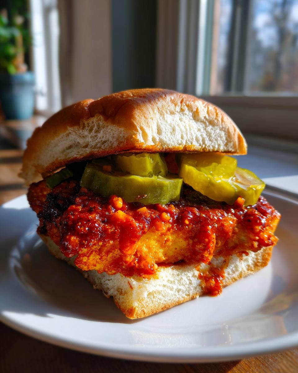 A close-up of a Vegan Nashville Hot Chicken Sandwich featuring a thick patty covered in spicy red sauce and topped with pickle slices on a soft bun.