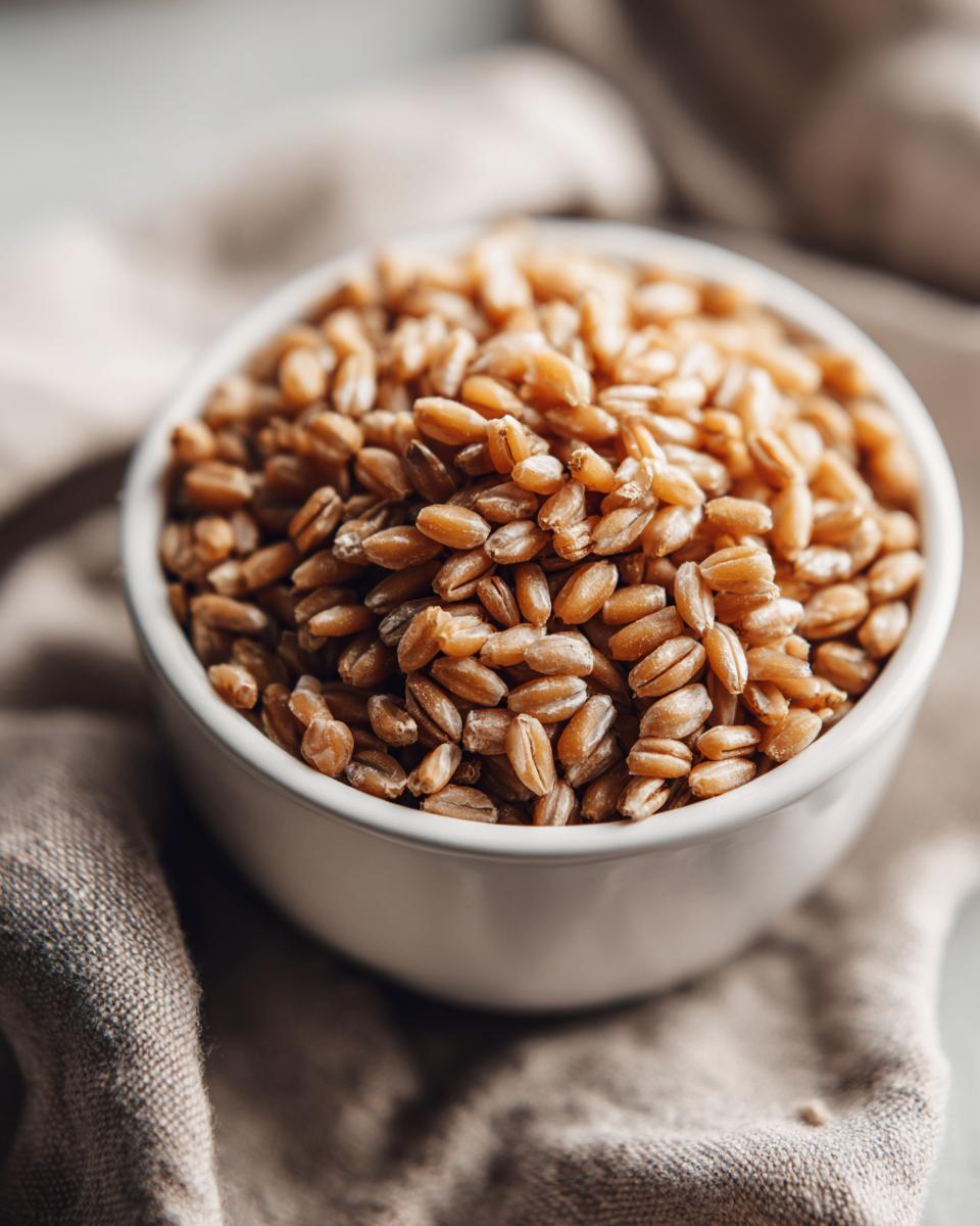 Close-up of whole wheat berries in a white bowl, a potential Best Pearl Barley Substitute.