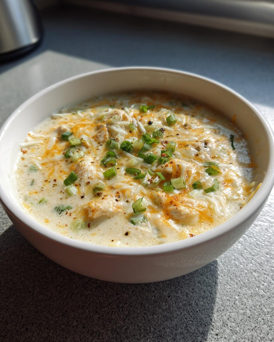 A close-up of a bowl of creamy White Chicken Enchilada Soup topped with melted cheese and green onions.