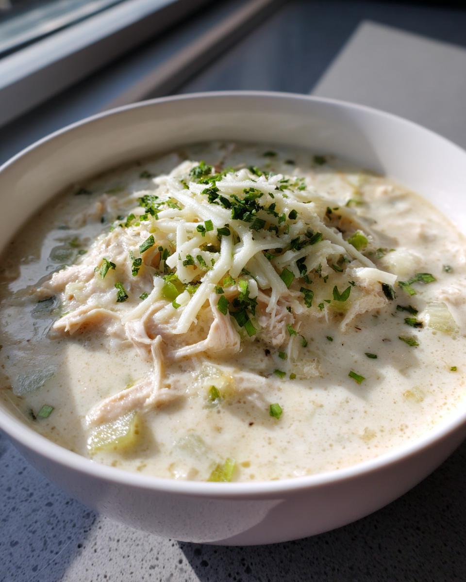 A close-up of a creamy bowl of White Chicken Enchilada Soup topped with shredded cheese and chives.