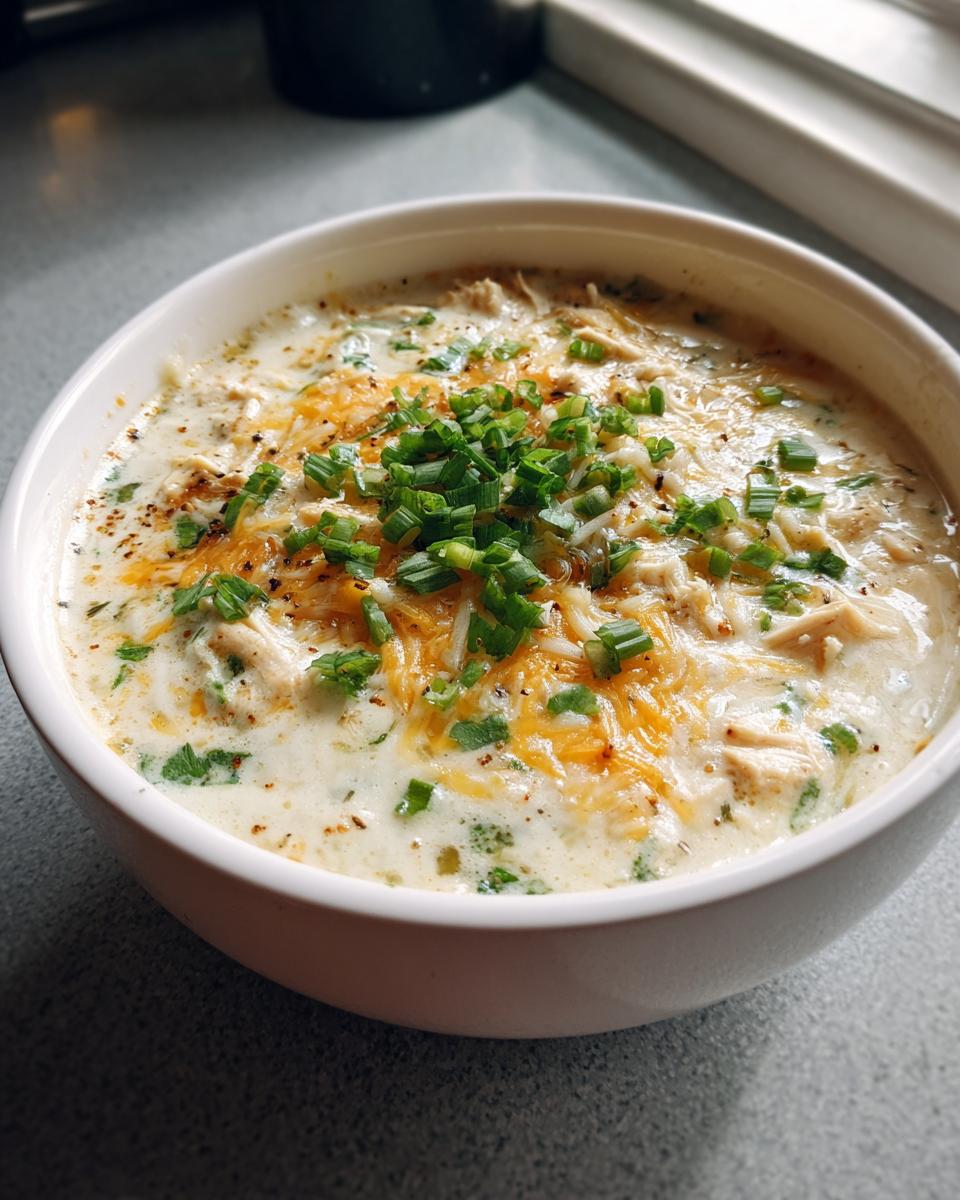 A close-up of a bowl of creamy White Chicken Enchilada Soup topped with shredded cheese and fresh green onions.