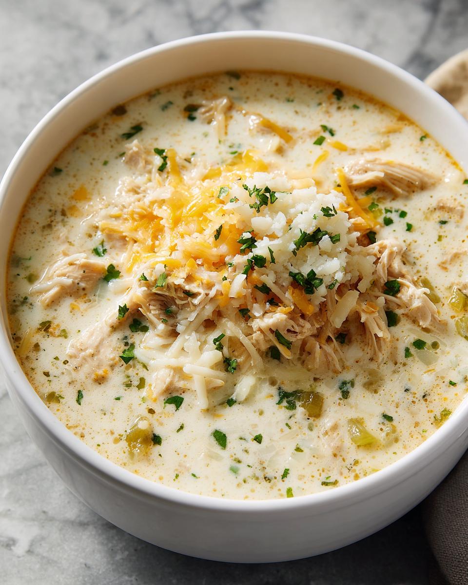 A close-up of a white bowl filled with creamy White Chicken Enchilada Soup, topped with shredded cheese and parsley.