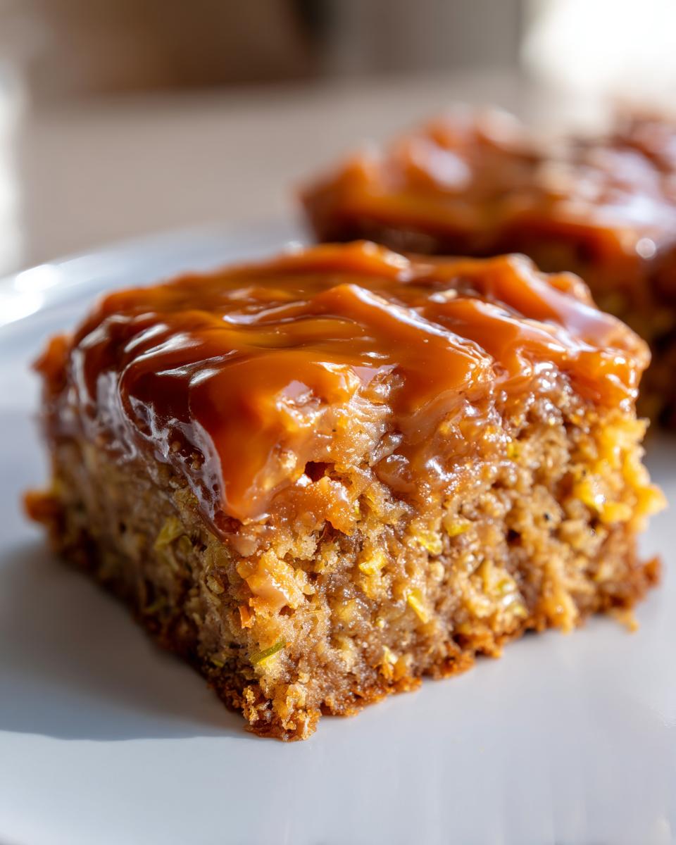 Close-up of a moist square of Zucchini Bars With Caramel Frosting, showing the texture and thick caramel topping.