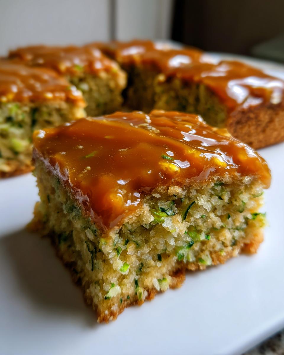 A close-up, mouth-watering shot of a single square of Zucchini Bars With Caramel Frosting, showing the moist texture and green zucchini shreds.