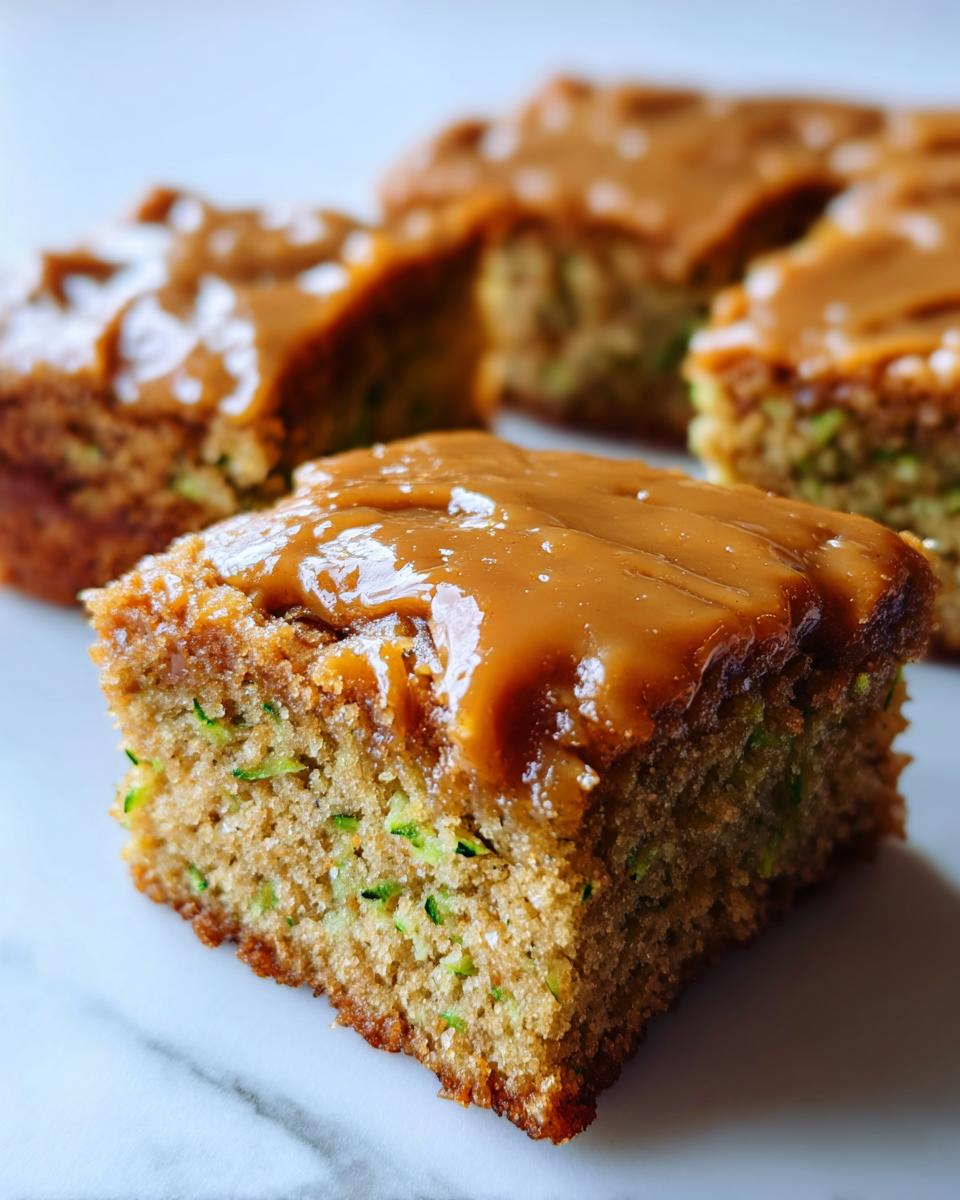 A close-up of a square slice of Zucchini Bars With Caramel Frosting, showing shredded zucchini in the cake base.