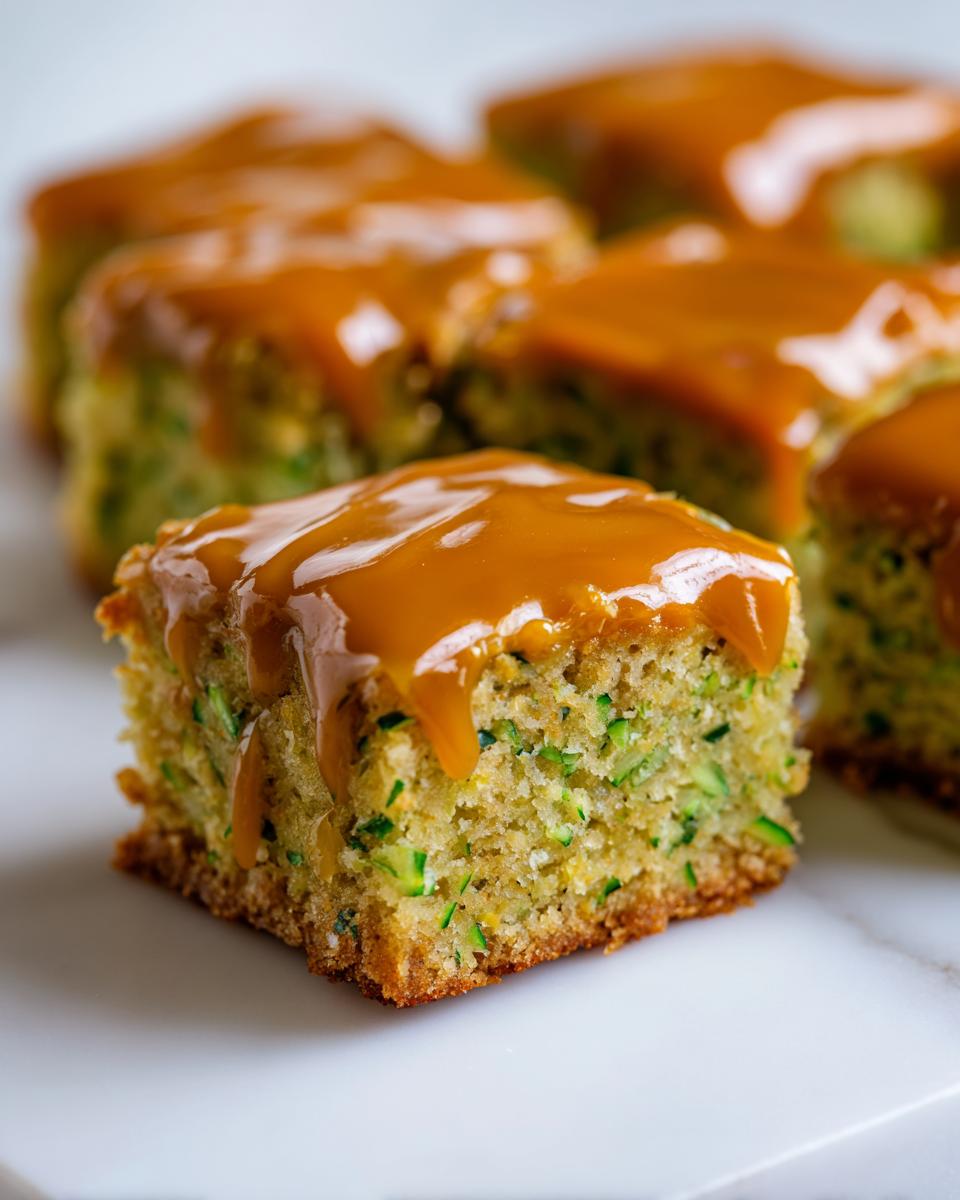 A square piece of moist Zucchini Bars With Caramel Frosting, showing shredded zucchini inside and thick caramel dripping down the sides.