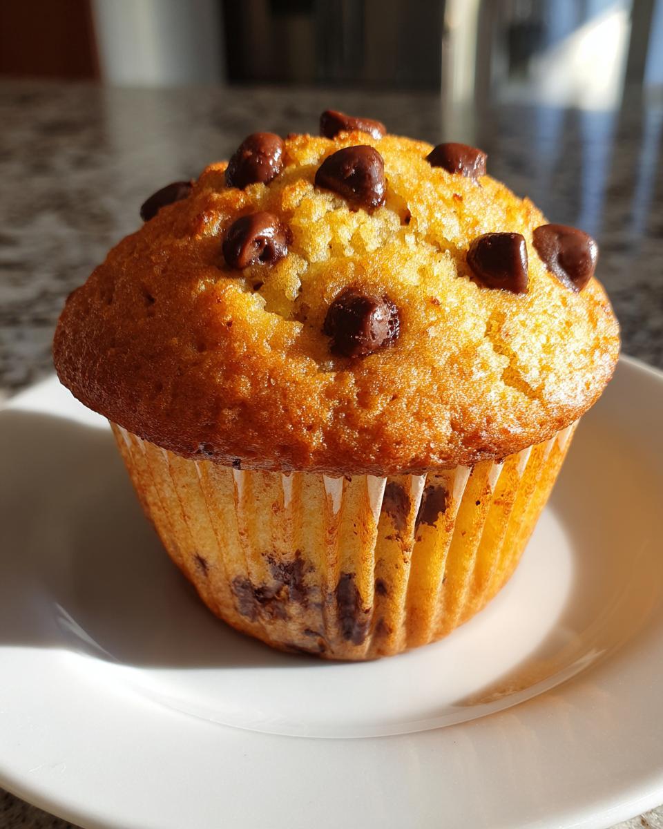 A close-up of a freshly baked, golden Zucchini Chocolate Chip Muffin topped with melted chocolate chips, sitting on a white plate.