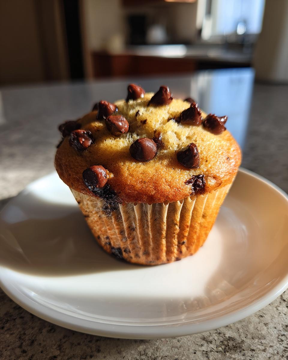 A single, golden-brown Zucchini Chocolate Chip Muffin topped generously with melted chocolate chips, resting on a white plate.