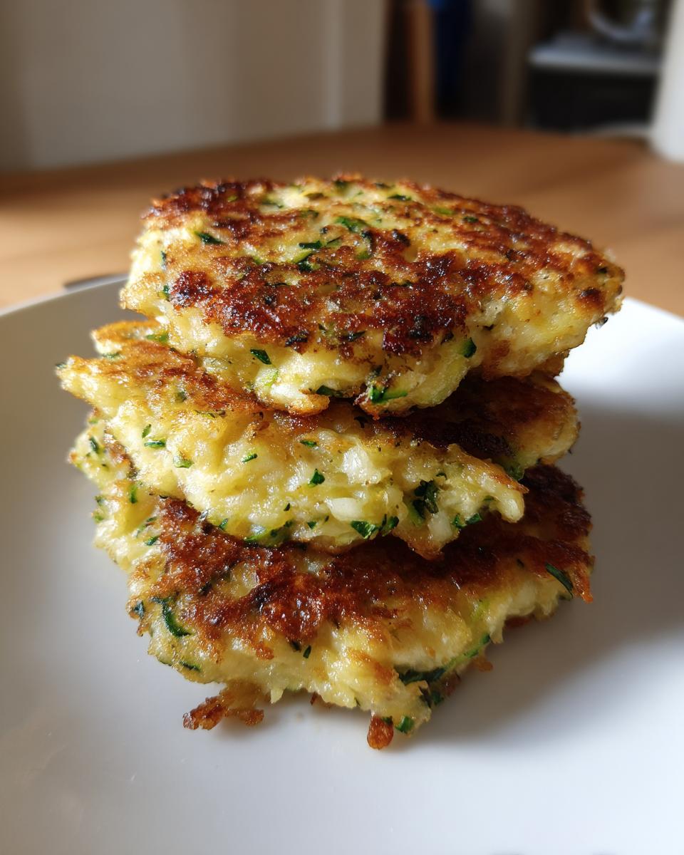 A stack of three perfectly golden brown Zucchini Fritters resting on a white plate.
