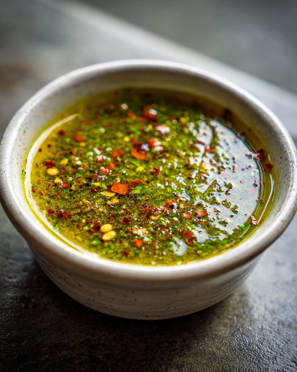 Close-up of a small bowl filled with the vibrant green 5 Minute Zesty Chili Lime Marinade, topped with red chili flakes.
