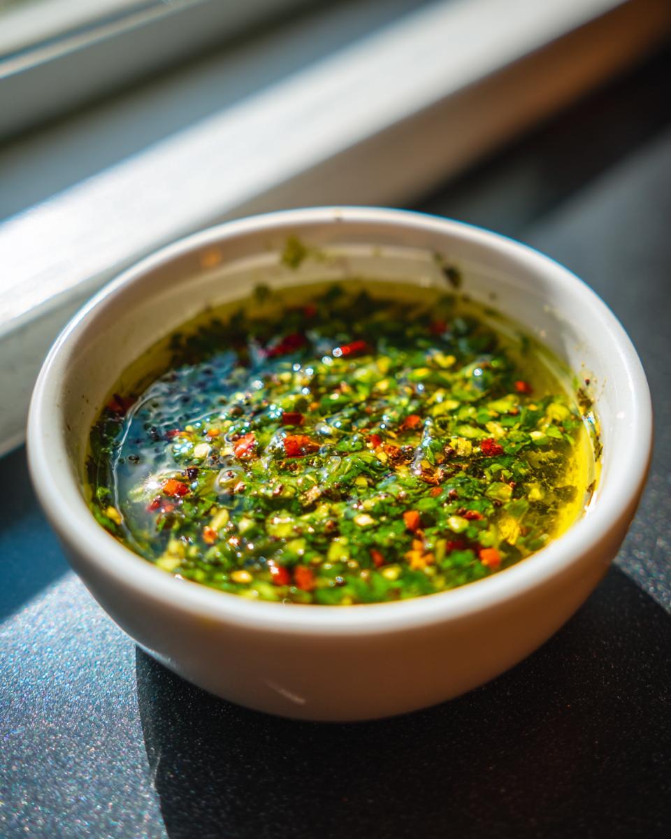 Close-up of a small white bowl filled with vibrant 5 Minute Zesty Chili Lime Marinade, showing oil, green herbs, and red chili flakes.