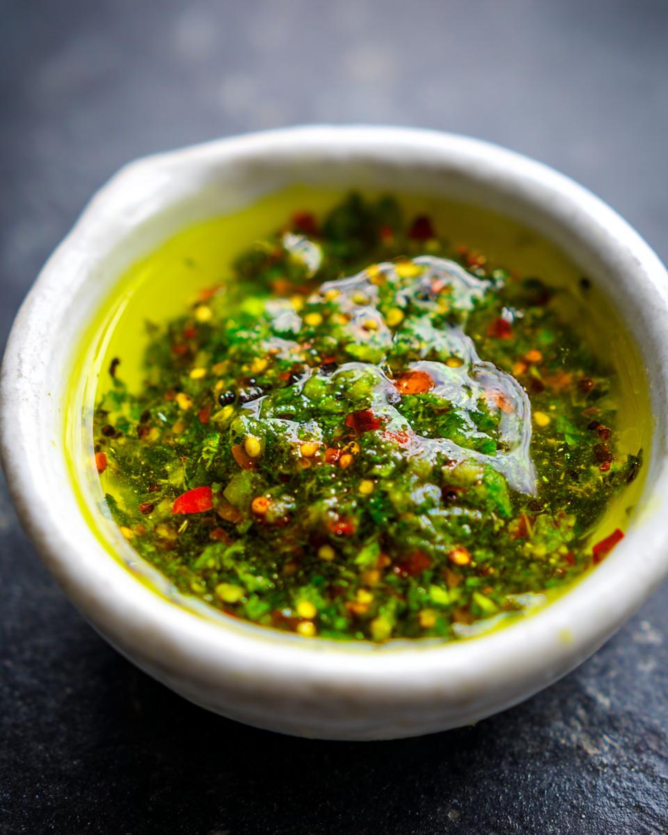 A small white bowl filled with vibrant green 5 Minute Zesty Chili Lime Marinade, showing herbs and red chili flakes suspended in oil.
