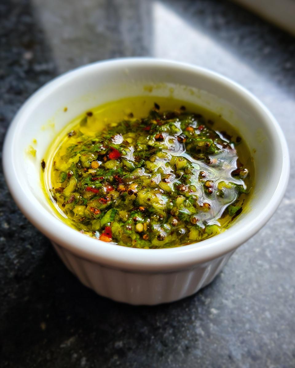 Close-up of vibrant green 5 Minute Zesty Chili Lime Marinade, rich with herbs and chili flakes, sitting in a small white ramekin.