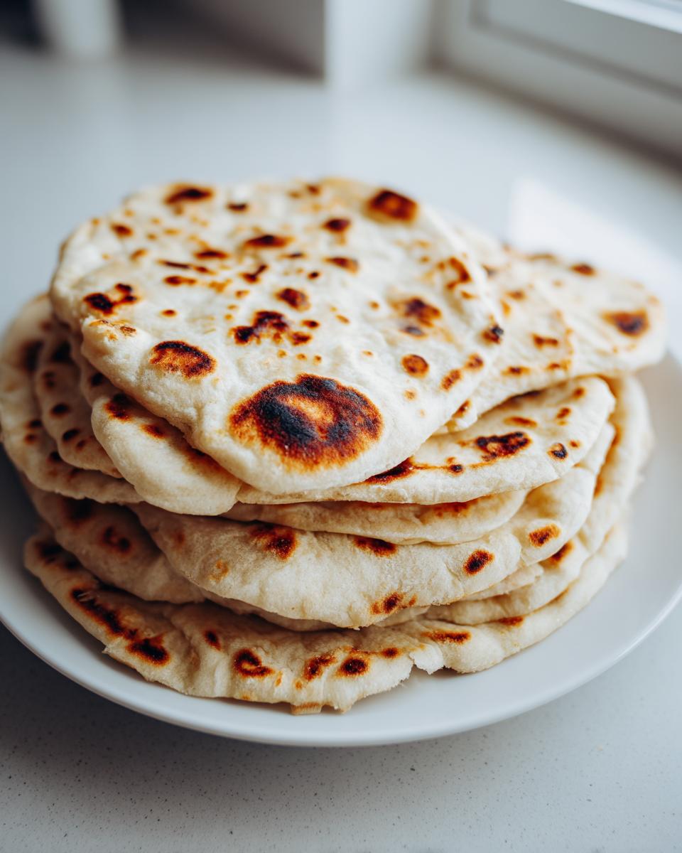 A stack of freshly made, soft flatbreads, featuring charred spots, representing The Only Bread Which You Can Eat As Much As You Like.
