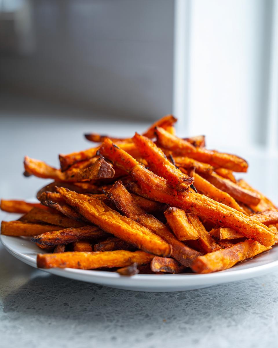 A generous pile of perfectly seasoned and crispy Air Fryer Crispy Sweet Potato Fries served on a white plate.