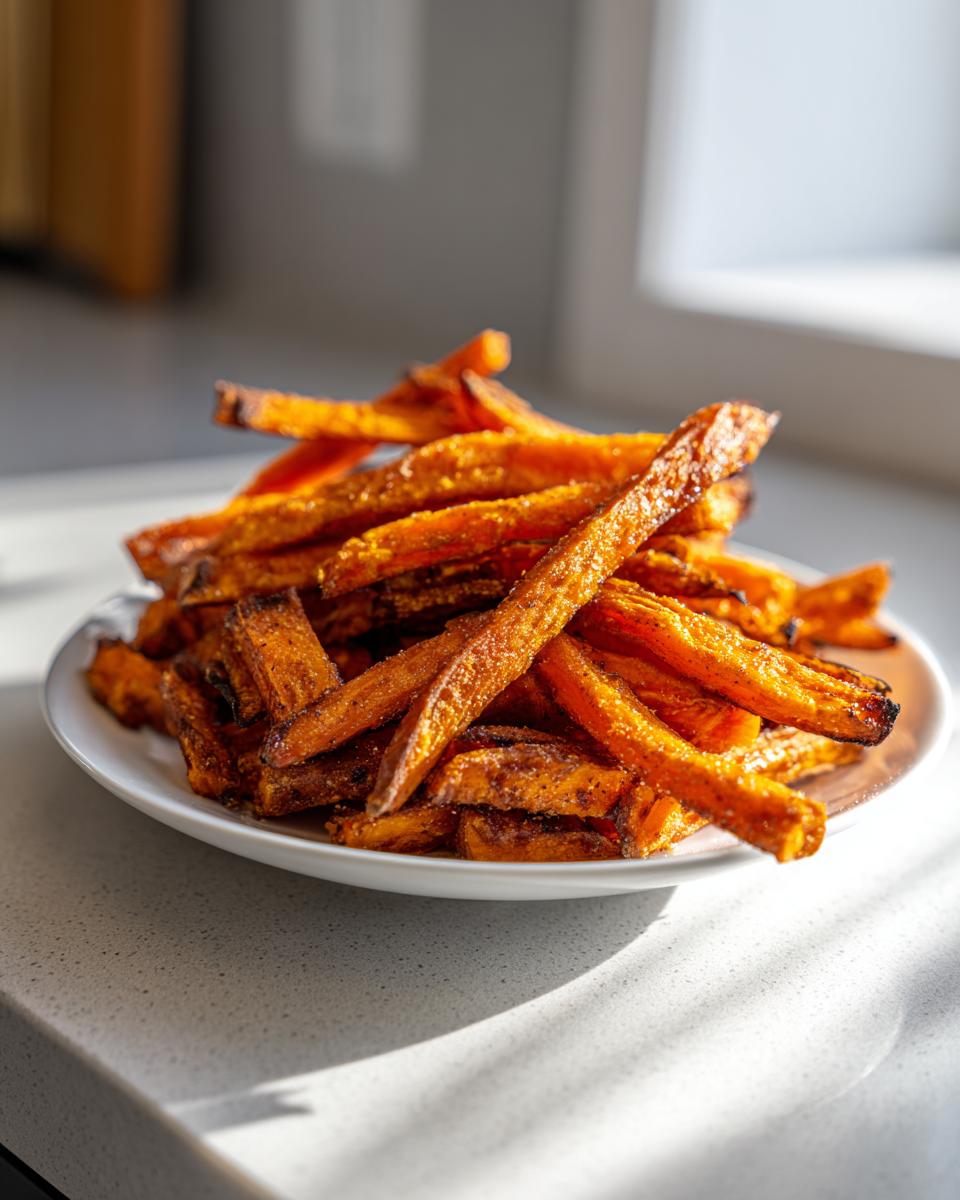 A pile of golden brown, crispy Air Fryer Crispy Sweet Potato Fries seasoned and served on a white plate.