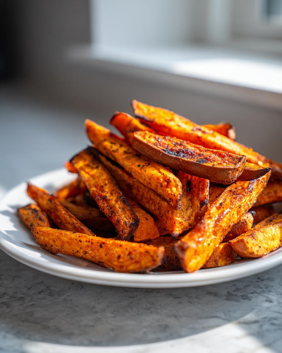 A close-up photo of a white plate piled high with perfectly cooked Air Fryer Crispy Sweet Potato Fries.