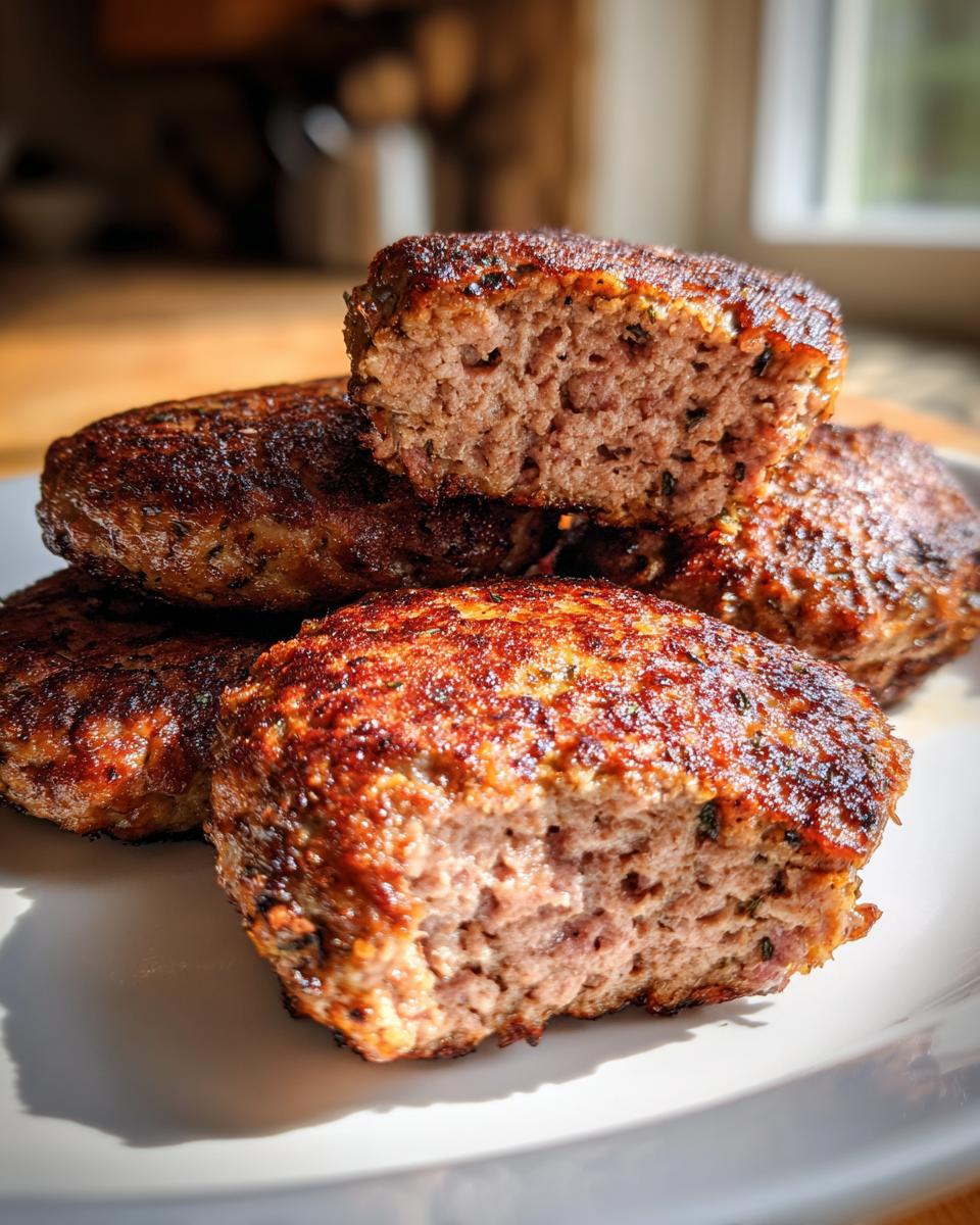 Close-up of perfectly browned Air Fryer Turkey Burgers, one cut in half showing the juicy interior texture.