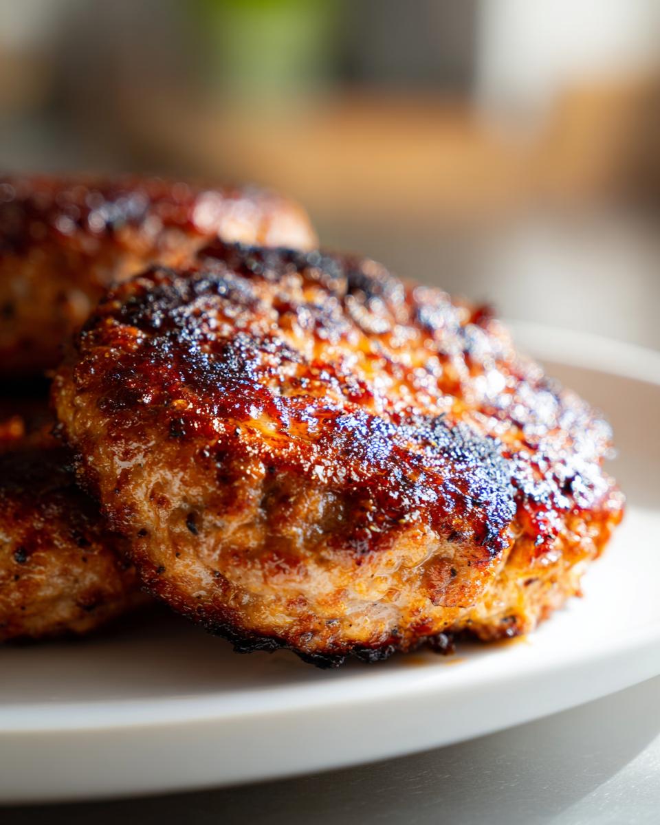Close-up of a juicy, well-seared Air Fryer Turkey Burger patty resting on a white plate.