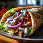 Close-up of a flavorful Chicken Gyros wrapped in pita bread with tzatziki sauce, red onion, and lettuce.