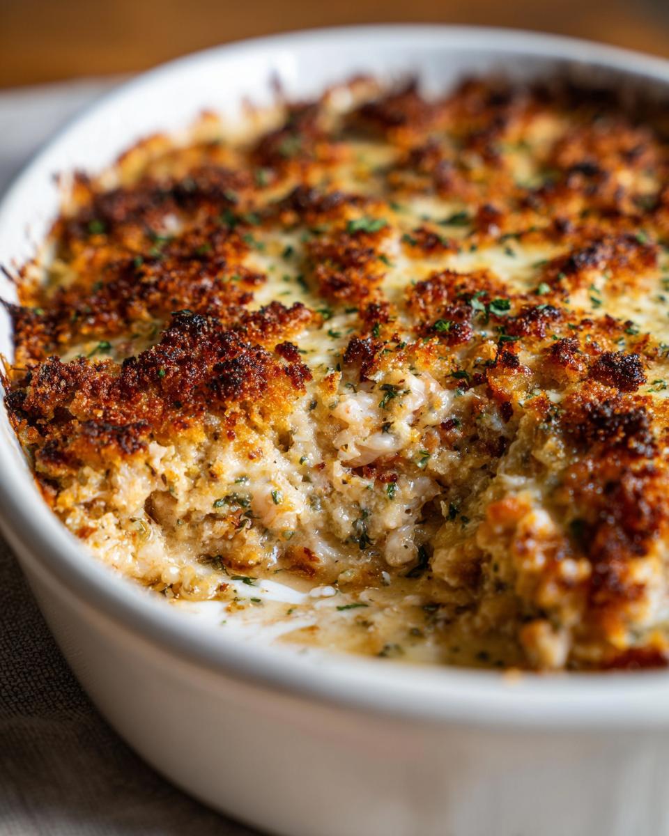A close-up view of the baked Seafood Gratin Recipe 2, showing a creamy interior and a golden-brown, crispy breadcrumb topping.