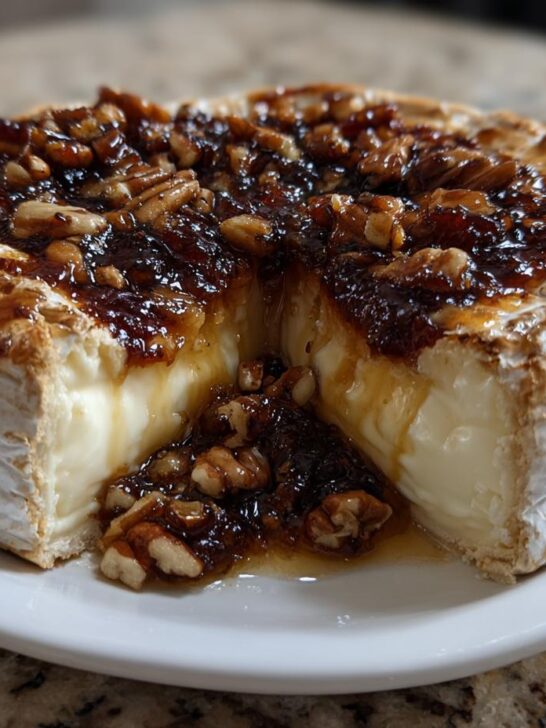 A wheel of warm Baked Brie With Fig Jam, cut open to show the melted cheese oozing out, topped with nuts.