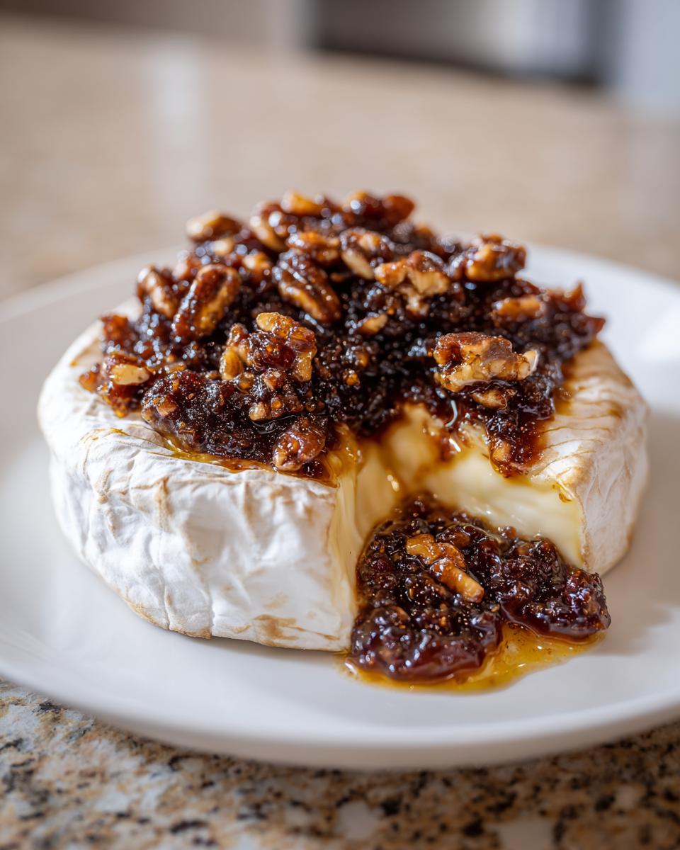 Close-up of a small wheel of Baked Brie With Fig Jam, oozing slightly with a dark, sticky topping of nuts and jam.