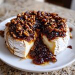 Close-up of warm Baked Brie With Fig Jam, oozing onto a white plate, topped with candied walnuts.