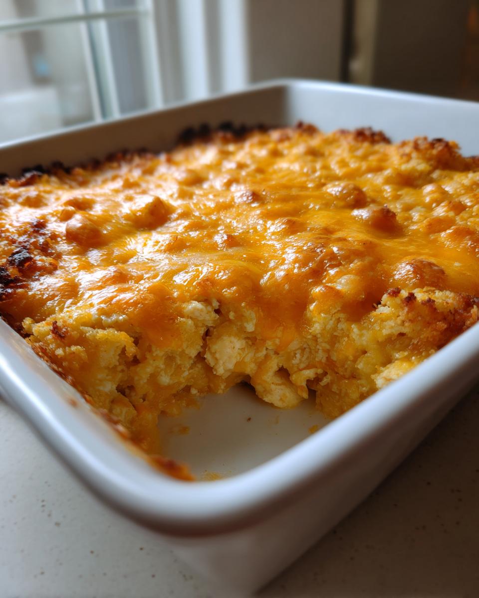 A close-up of a freshly Baked Cheesy Chicken Casserole with a golden, melted cheddar topping in a white baking dish.