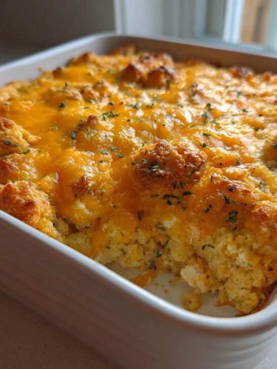 A close-up of a freshly Baked Cheesy Chicken Casserole topped with melted cheddar and herbs in a white square baking dish.