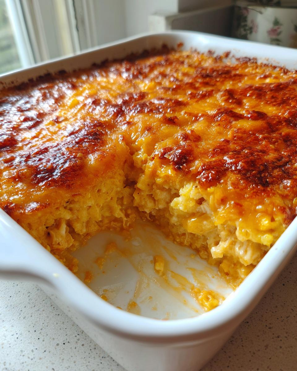 A portion removed from a Baked Cheesy Chicken Casserole showing the creamy interior and bubbly, browned cheese topping.