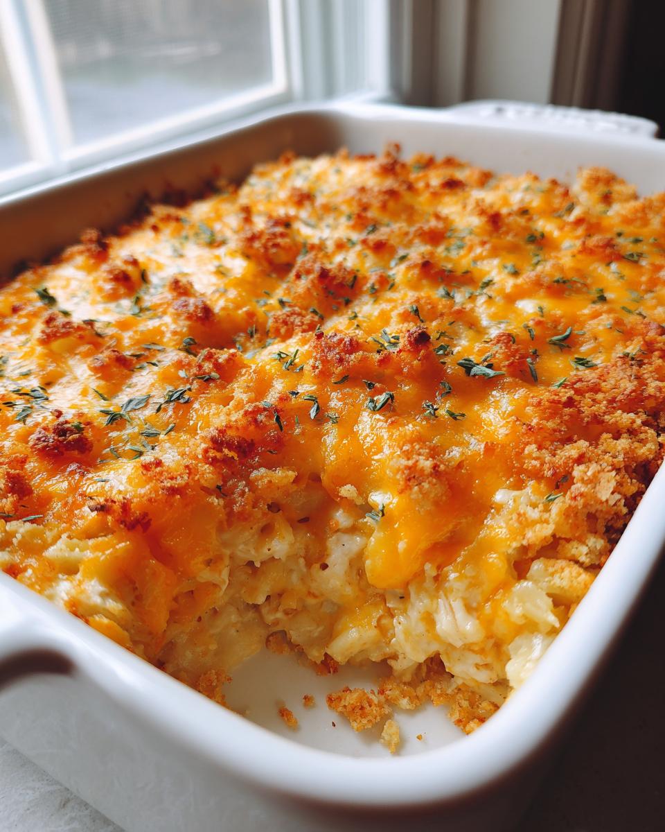 A close-up of a freshly baked Baked Cheesy Chicken Casserole with a melted orange cheese topping and crispy crumbs.