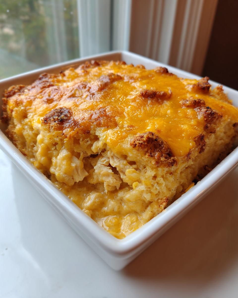 A close-up of a single serving of Baked Cheesy Chicken Casserole with a golden, bubbly cheese topping in a square white dish.
