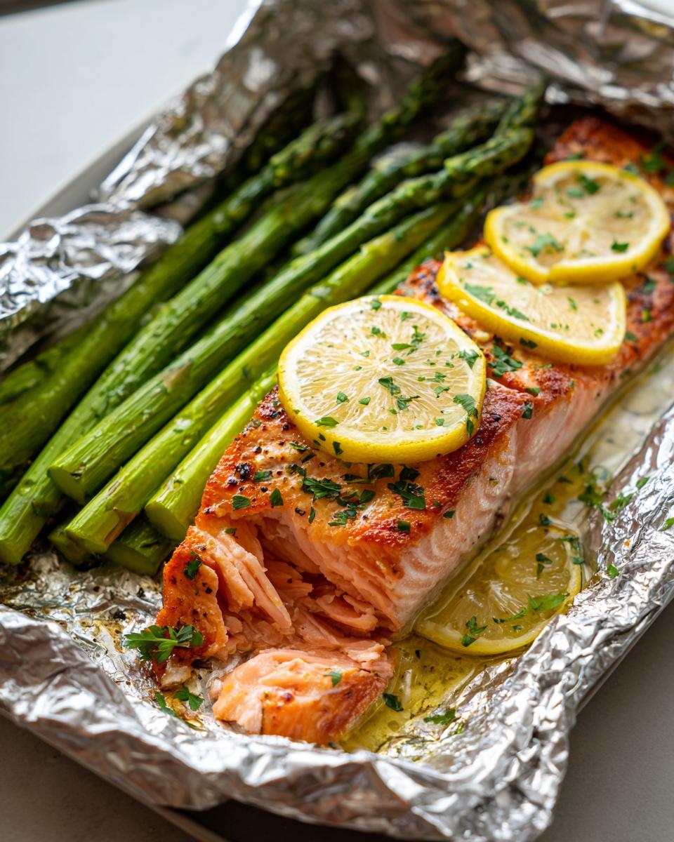 Flaky, perfectly cooked Baked Salmon In Foil With Asparagus topped with lemon slices and parsley.