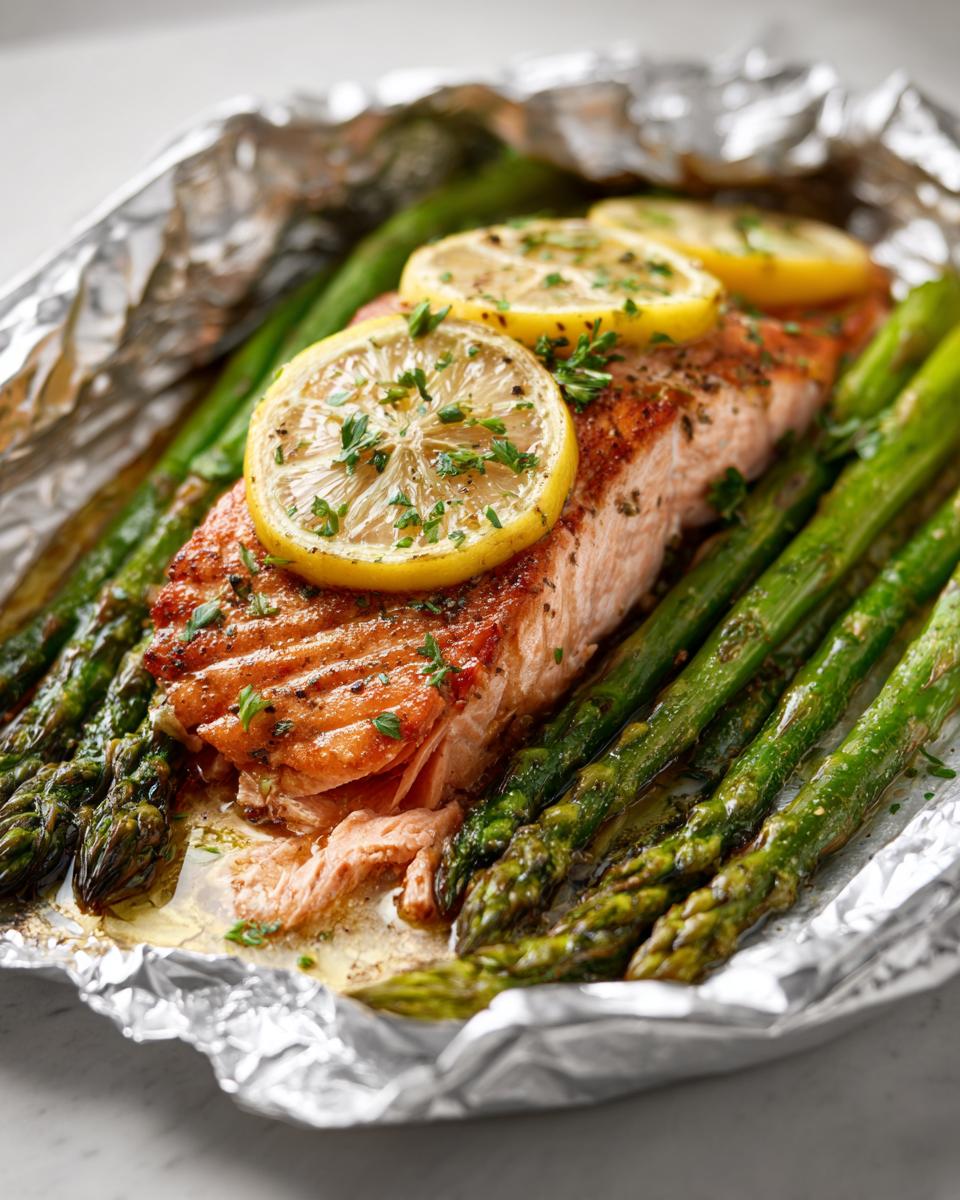 Close-up of perfectly cooked Baked Salmon In Foil With Asparagus, topped with lemon slices.