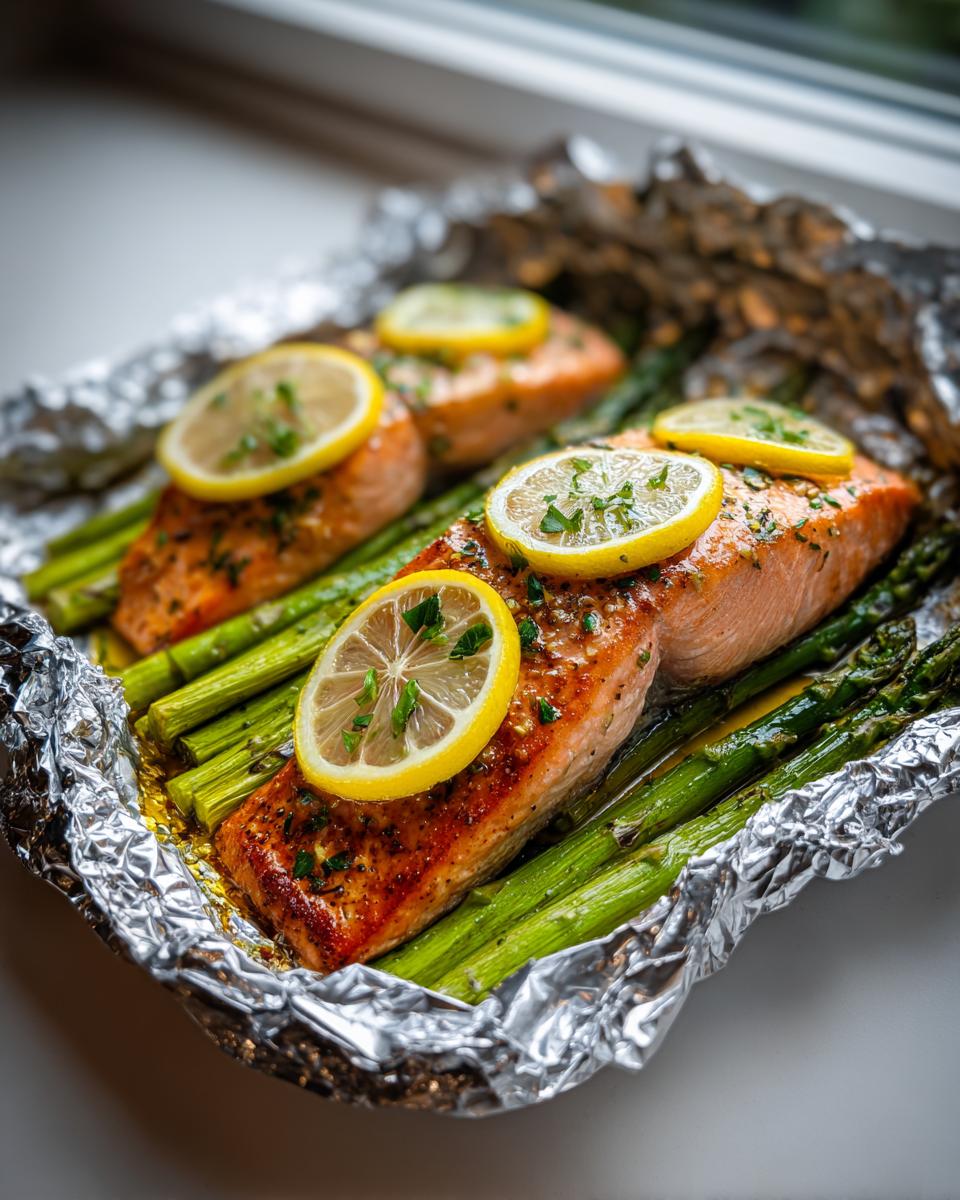 Two fillets of perfectly cooked Baked Salmon In Foil With Asparagus, topped with lemon slices and herbs.