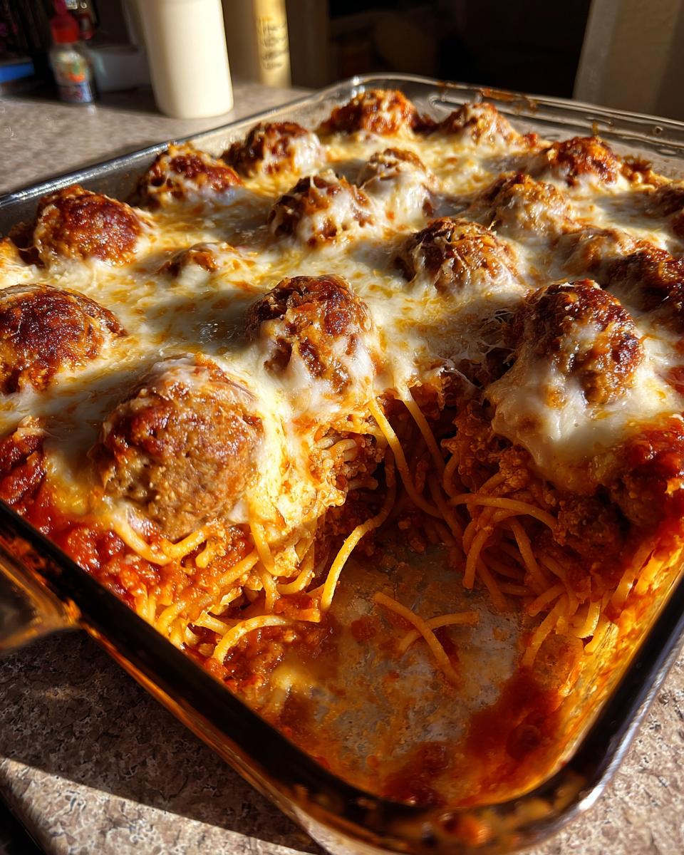 Close-up of a glass baking dish filled with Baked Spaghetti And Meatballs topped with melted, browned mozzarella cheese.