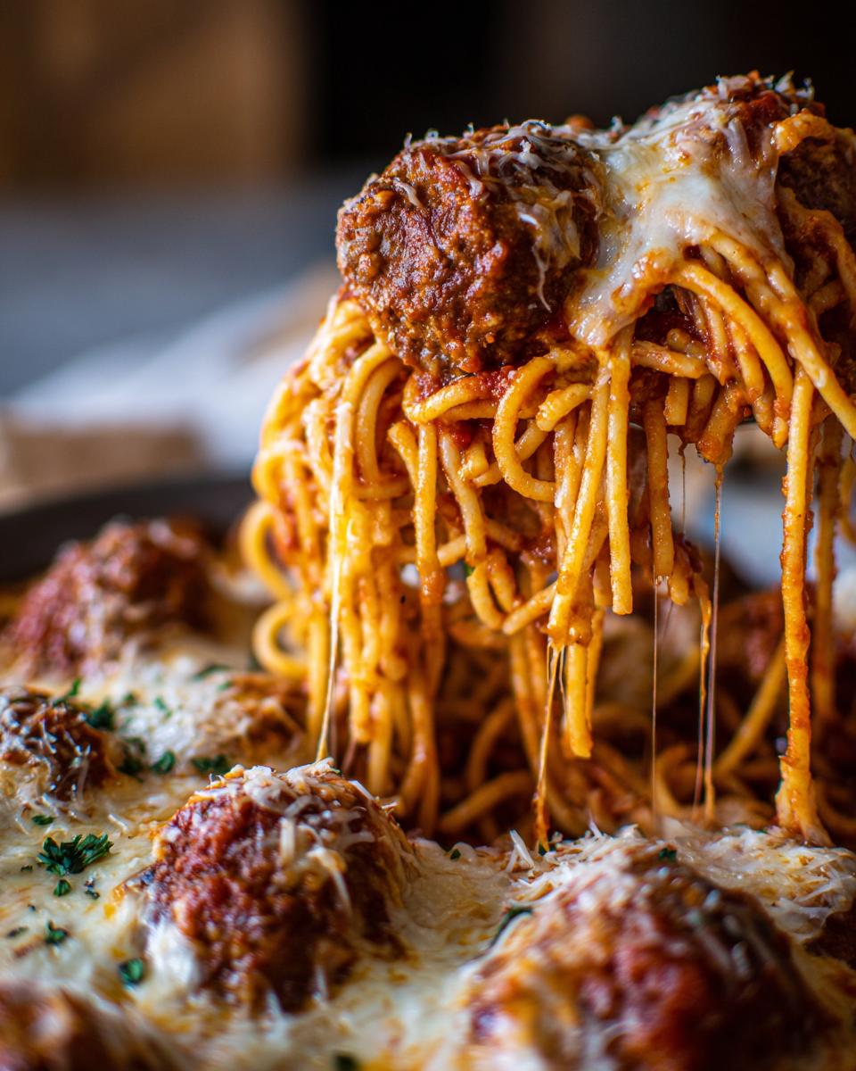 A serving spoon lifts spaghetti and a meatball covered in melted cheese from a pan of Baked Spaghetti And Meatballs.