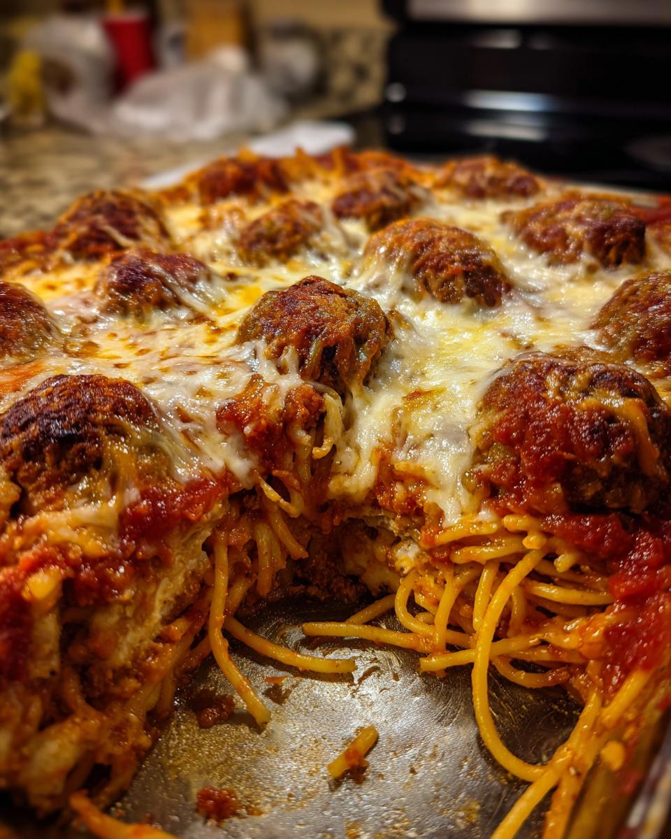 Close-up view of a freshly baked spaghetti and meatballs dish, covered in melted cheese.