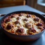 Close-up of a skillet filled with Baked Spaghetti And Meatballs topped with melted, bubbly mozzarella cheese.