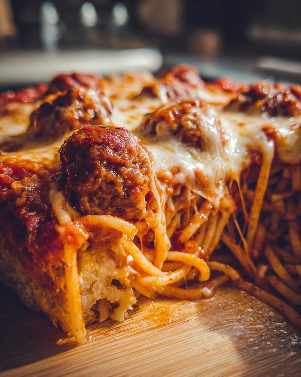 Close-up of a slice of Baked Spaghetti And Meatballs showing melted cheese pull and meatballs.