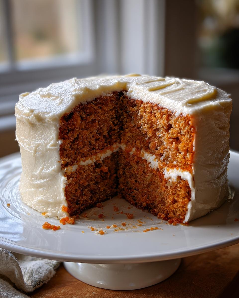 A round Banana Bread Cake With Cream Cheese Frosting on a white stand with a slice removed, showing the moist interior.