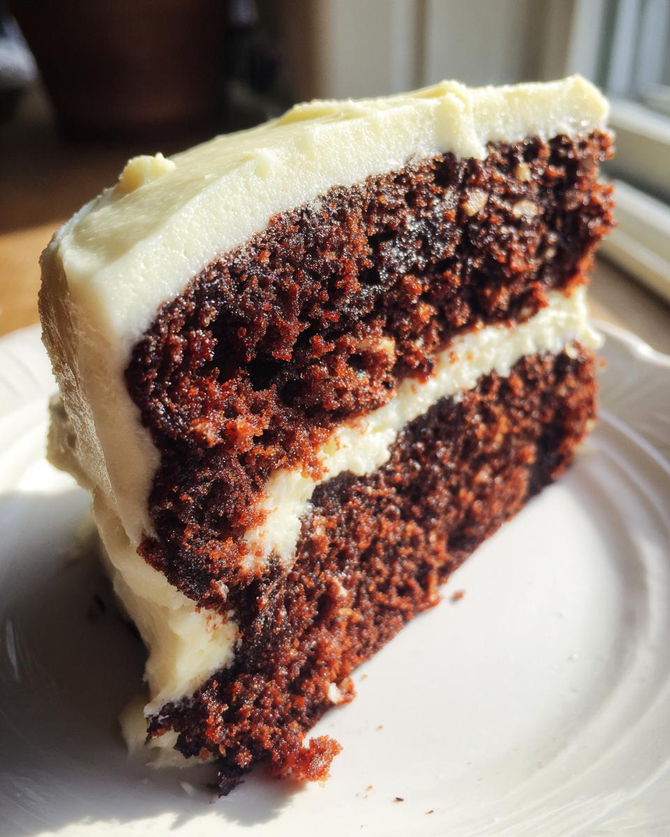 Close-up of a moist slice of Banana Bread Cake With Cream Cheese Frosting, showing two layers of dark cake and thick white frosting.