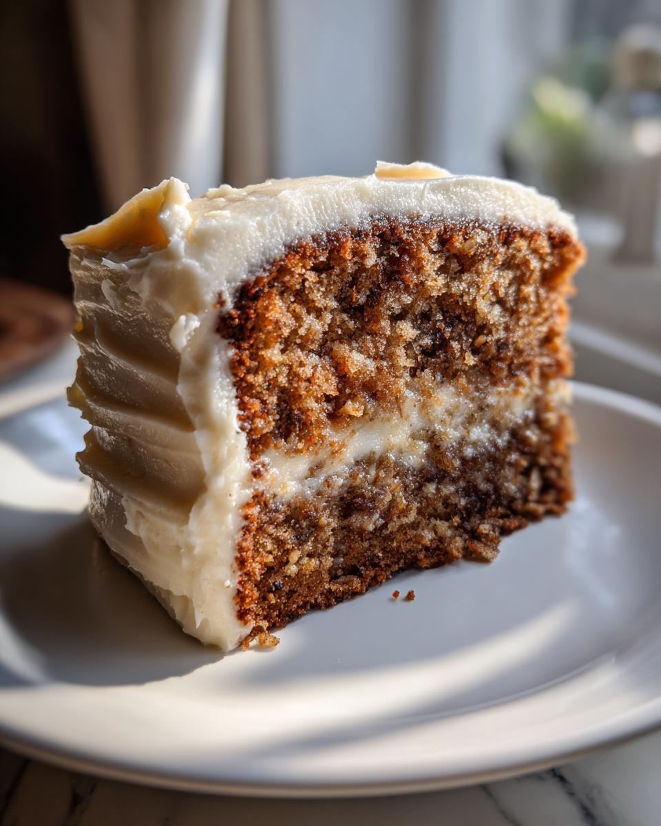 Close-up of a moist slice of Banana Bread Cake With Cream Cheese Frosting on a white plate.