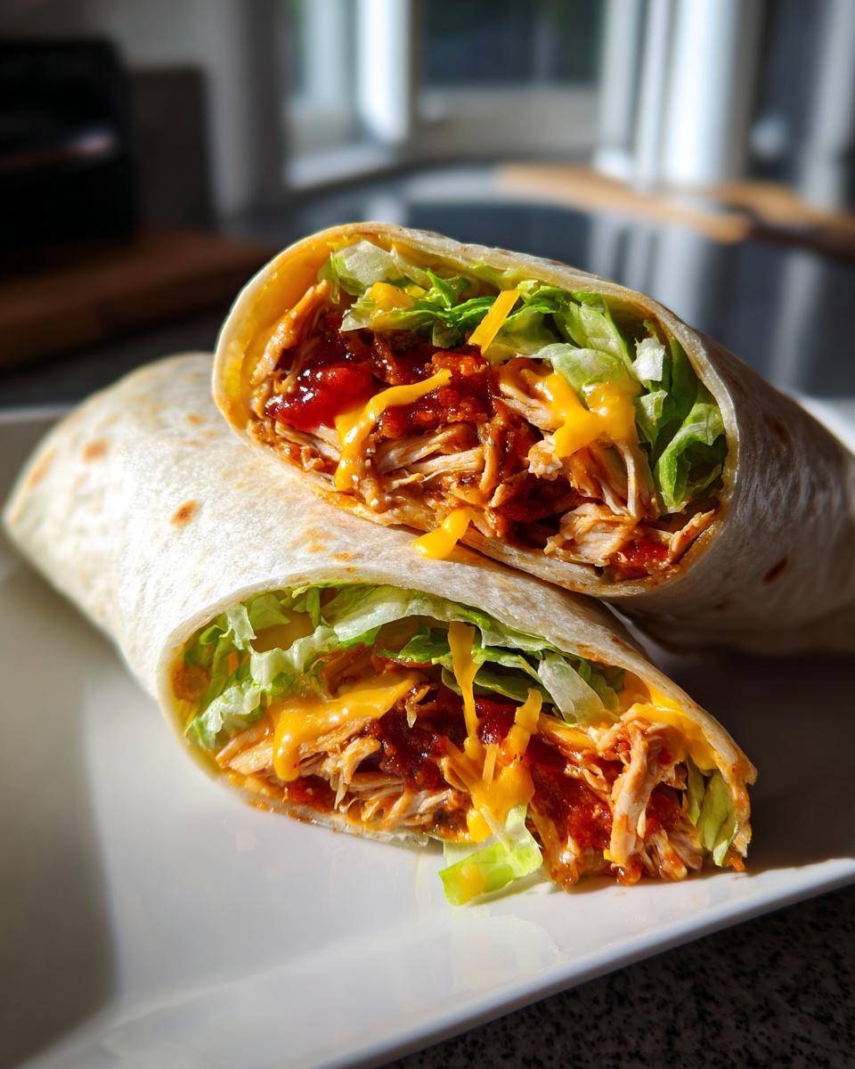 A close-up of a Bbq Ranch Chicken Wrap cut in half, showing shredded chicken, lettuce, cheese, and BBQ sauce.